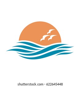 Abstract design of ocean logo with waves and seagulls. Vector illustration.