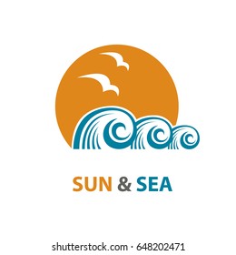 Abstract design of ocean logo with waves and seagulls. Vector illustration