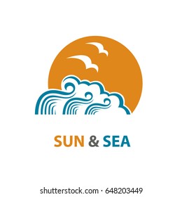 Abstract design of ocean logo with waves and seagulls. Vector illustration
