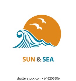 Diseño abstracto del logo oceánico con olas y gaviotas. Ilustración del vector