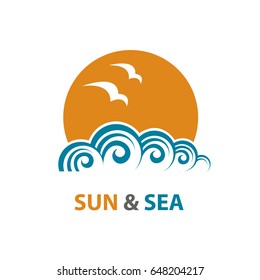 Abstract design of ocean logo with waves and seagulls. Vector illustration