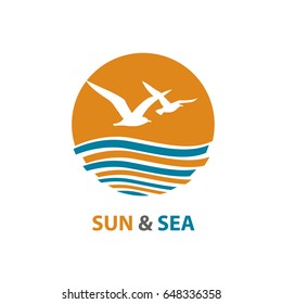 Abstract design of ocean logo with waves and seagulls. Vector illustration