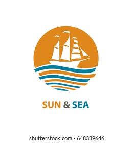 Abstract design of ocean logo with waves and sailboat. Vector illustration