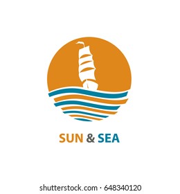 Abstract design of ocean logo with waves and sailboat. Vector illustration