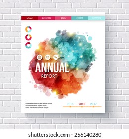 Abstract design on an annual report vector design template with colorful overlapping hexagons, pie charts and date line hanging in poster format on a white brick wall