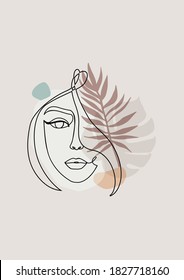 Diseño abstracto con silueta facial de una mujer de una línea, hojas de palma y formas abstractas.Ilustración vectorial de línea continua en colores de moda.Diseño geométrico minimalista elegante con rostro humano