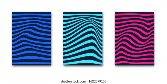 Abstract design with optical illusion stripe pattern. Curves in 3d. Applicable as notebook, magazine, book covers, posters Trendy background. Blue, red, turquoise colors. Vector illustration