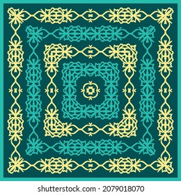 Abstract design with ornament for textiles. Square print for silk scarf, headscarf, shawl, bandana, pareo, hijab, plaid. 