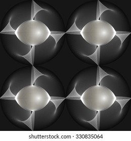 Abstract design and oval balls wrapped in a grid on a dark background. Vector art 3D. EPS8.