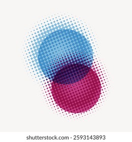 Abstract design with overlapping blue and pink circles. Halftone effect creates a dynamic, colorful pattern. Circles and colors blend in a modern style. Isolated vector illustration.