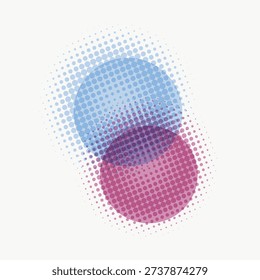 Abstract design with overlapping blue and pink dotted circles creating a halftone effect on a white background. Modern and minimalist vector.