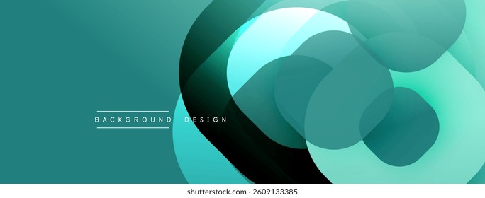 Abstract design. Overlapping circles create dynamic composition. Teal, turquoise, dark shades present modern aesthetic. Minimalist style, clean lines.