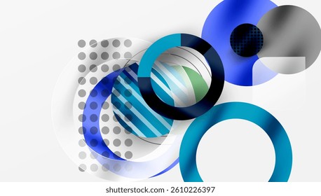 Abstract design. Overlapping circles, lines create dynamic composition. Blue, green, gray tones. Modern aesthetic. Minimalist style. Clean shapes.
