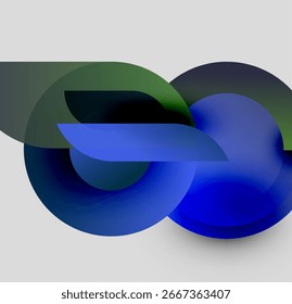 Abstract design. Overlapping circles, shades of blue, green create complex form. Minimalist, modern aesthetic. Smooth gradients present.
