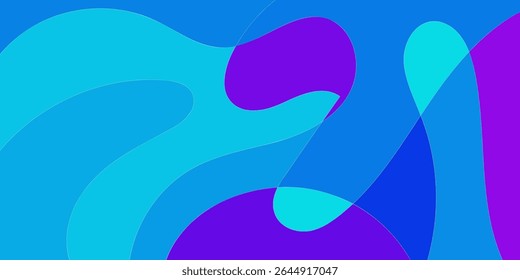 Abstract design with overlapping, flowing shapes in shades of turquoise, blue, and purple