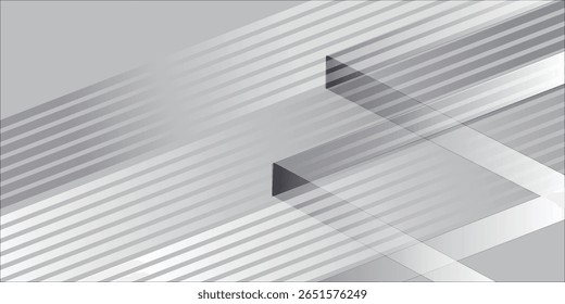 Abstract design with overlapping, gray and white lines and shapes.