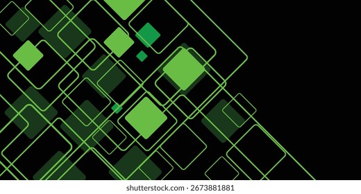 Abstract design with overlapping green squares and lines on a black background.