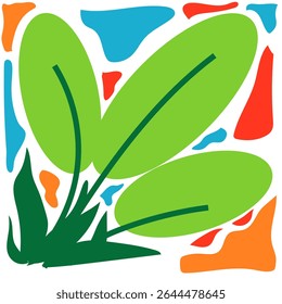 Abstract design with overlapping shapes of various colors, including vibrant green leaves and stems, alongside splashes of orange, red, and blue