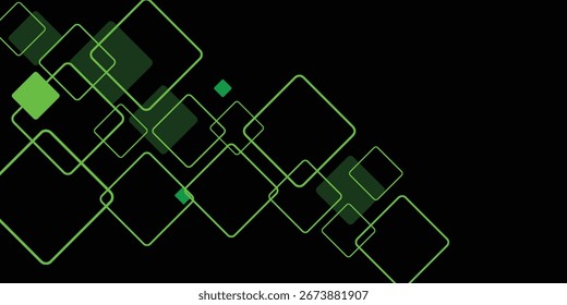 Abstract design with overlapping squares and diamonds in light green outlines on a black background.