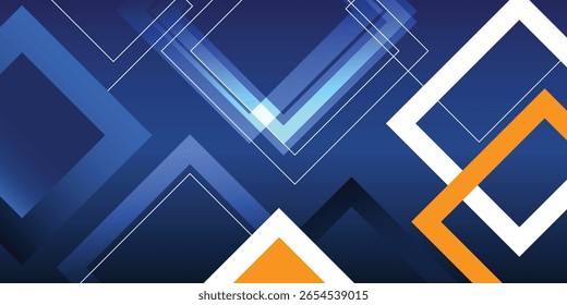 Design abstrato com quadrados e triângulos sobrepostos em tons de azul, branco e laranja.  Formas geométricas criam um efeito visual dinâmico.