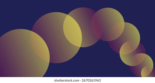 Abstract design with overlapping, translucent circles in shades of yellow and purple, arranged in a curved line against a dark blue background.