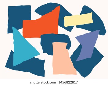 Abstract design with paper cuts in blue, red, peach and yellow on cream background. 