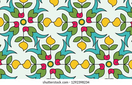 abstract design patterns with parrot holding mangoes, with ethnic design elements . Vector Illustration in Indian art