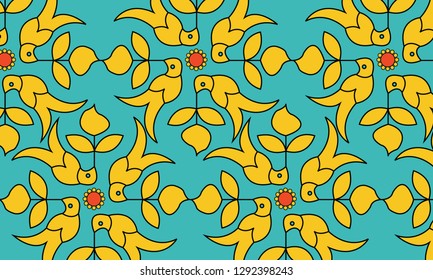 abstract design patterns with parrot holding mangoes, with ethnic design elements . Vector Illustration in Indian art
