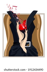 Abstract design of people in love for Valentine day with a red heart. Hand drawn vector illustration.