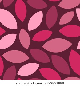 Abstract design of pink and red leaf shapes in a random yet harmonious pattern. Ideal for fashion, home decor, and graphic design projects. 