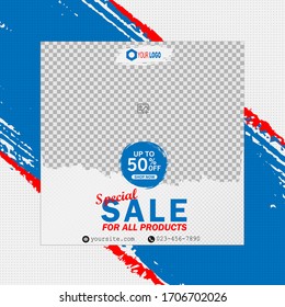 Abstract design post for social media, ad design for fashion sale, red blue color, vector illustration