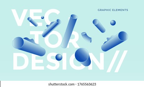 Abstract design poster with 3d pipe geometric shapes. Minimal bright backgrounds for flyer, cover, brochure. Blue cylinders vector illustration