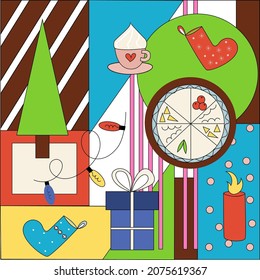 Abstract design of a poster, banner, packaging, website made of geometric shapes and Christmas elements. Christmas tree, cake, sock, coffee, gift box, candle.