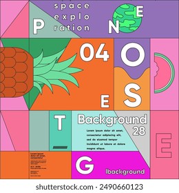 Abstract design poster with a mosaic of colorful squares and thematic icons in a grid-like layout.