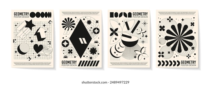 Abstract design poster. Pattern element 3d retro, shape brutal. Background triangle, typography figure, y2k explosion, grid ornament. Brutalism black white banners. Geometric vector garish particle