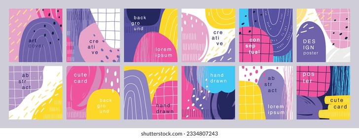 Abstract design poster set, trendy graphic cards with geometric elements, hand drawn collection. Vector illustration.

