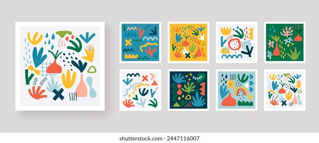 Abstract design poster set, trendy graphic cards with geometric elements, hand drawn collection. Vector illustration.