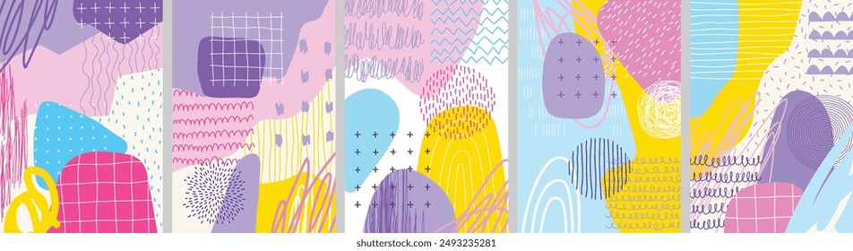 Conjunto de póster de diseño Abstractas, tarjetas gráficas de moda con Elementos geométricos, fondo ondulado, colección dibujada a mano. Ilustración vectorial.
