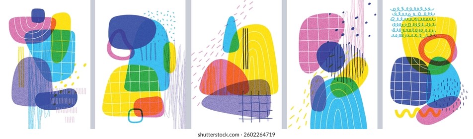 Abstract design poster set, trendy graphic cards with geometric elements, hand drawn collection. Vector illustration.