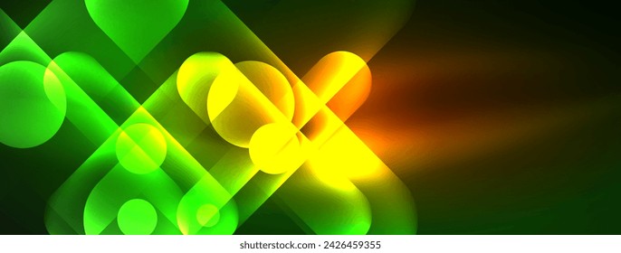 Abstract design pulsates with neon glowing light effects, casting an entrancing glow in the darkness, captivating the eye with its vibrant energy. Glass circles neon glowing light effects