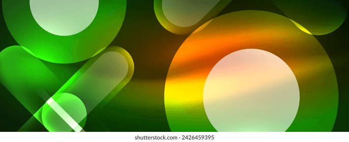 Abstract design pulsates with neon glowing light effects, casting an entrancing glow in the darkness, captivating the eye with its vibrant energy. Glass circles neon glowing light effects