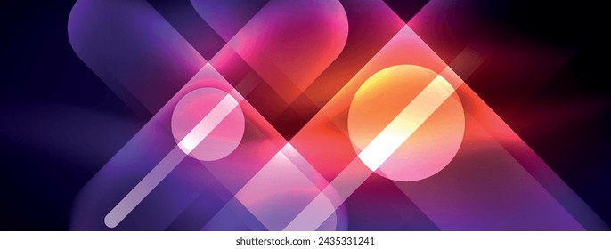 Abstract design pulsates with neon glowing light effects, casting an entrancing glow in the darkness, captivating the eye with its vibrant energy. Glass circles neon glowing light effects