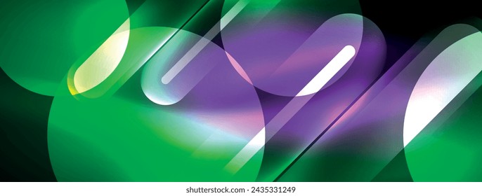 Abstract design pulsates with neon glowing light effects, casting an entrancing glow in the darkness, captivating the eye with its vibrant energy. Glass circles neon glowing light effects