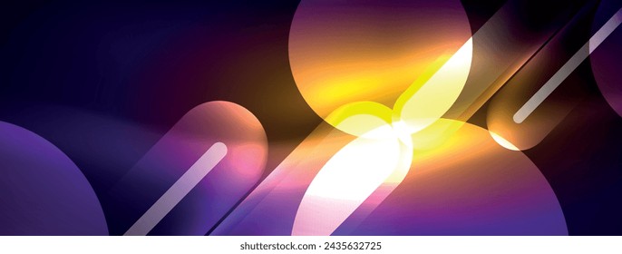 Abstract design pulsates with neon glowing light effects, casting an entrancing glow in the darkness, captivating the eye with its vibrant energy. Glass circles neon glowing light effects