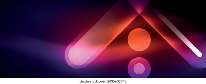 Abstract design pulsates with neon glowing light effects, casting an entrancing glow in the darkness, captivating the eye with its vibrant energy. Glass circles neon glowing light effects