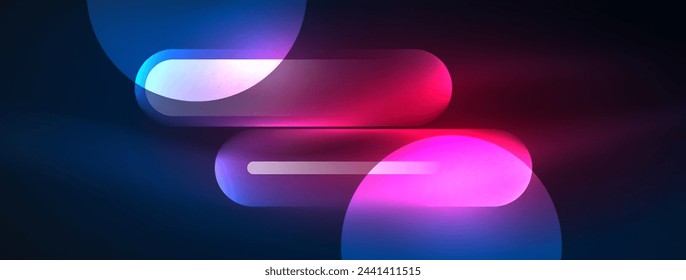 Abstract design pulsates with neon glowing light effects, casting an entrancing glow in the darkness, captivating the eye with its vibrant energy. Glass circles neon glowing light effects