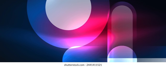 Abstract design pulsates with neon glowing light effects, casting an entrancing glow in the darkness, captivating the eye with its vibrant energy. Glass circles neon glowing light effects