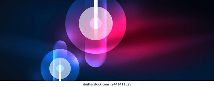 Abstract design pulsates with neon glowing light effects, casting an entrancing glow in the darkness, captivating the eye with its vibrant energy. Glass circles neon glowing light effects
