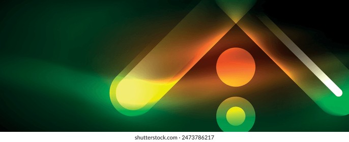 Abstract design pulsates with neon glowing light effects, casting an entrancing glow in the darkness, captivating the eye with its vibrant energy. Glass circles neon glowing light effects