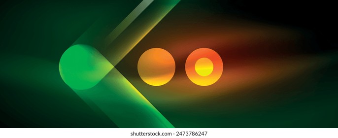 Abstract design pulsates with neon glowing light effects, casting an entrancing glow in the darkness, captivating the eye with its vibrant energy. Glass circles neon glowing light effects